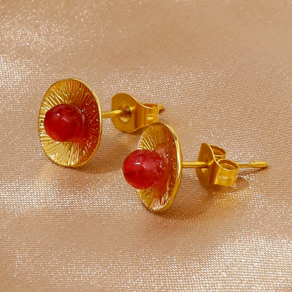 Earrings Mixed Material Inlaid Ruby Geometric Flower Electroplated For Women
