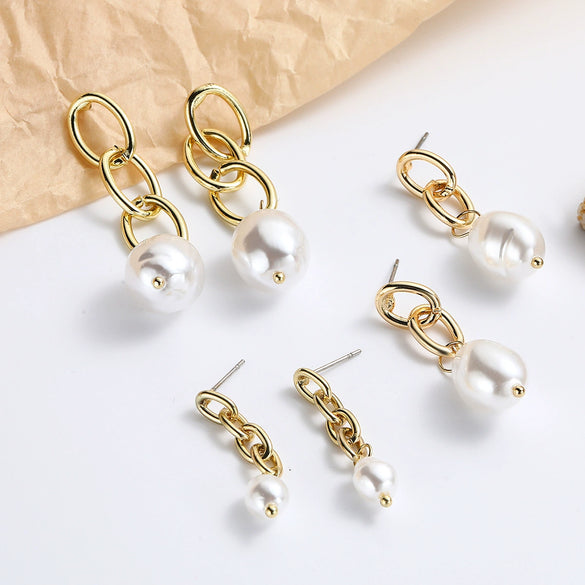 Earrings Pearl Chain Retro Geometric Metal Electroplated For Women