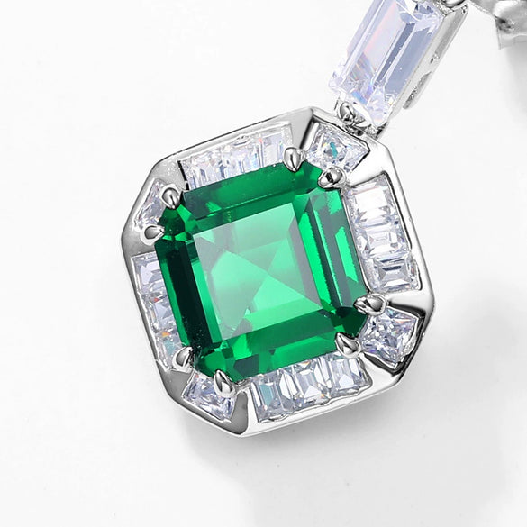 Earrings S225 Silver Cultured Emerald Inlaid With Square Gemstone Geometric Elegant Style