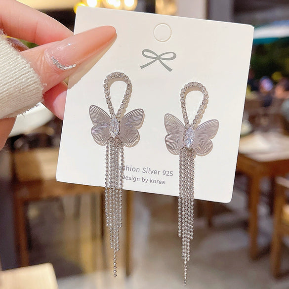 Earrings 925 Silver Copper Butterfly Insect Zirconia
