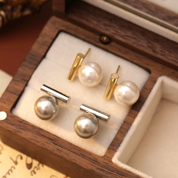 Earrings 925 Silver Copper Geometric Grey Pearl Electroplating For Women