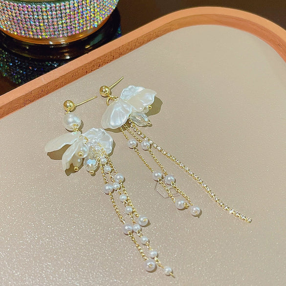 Earrings 925 Silver Pearl Acrylic Crystal Flowers Style
