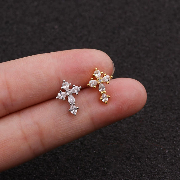 Earrings Stainless Steel Cross Thin Rod Inlaid Zircon With Letters Numbers Text