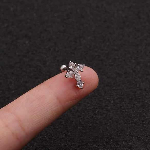 Earrings Stainless Steel Cross Thin Rod Inlaid Zircon With Letters Numbers Text