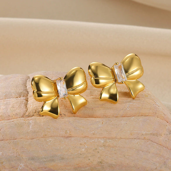 Earrings Stainless Steel Imitation Pearl Bow Light Luxury Style Electroplating