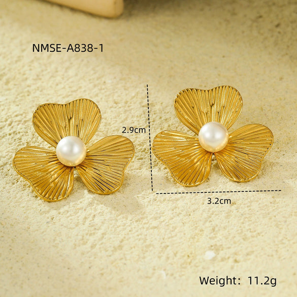 Earrings Stainless Steel 18K Gold Plated Petals With Pearl Vintage Style