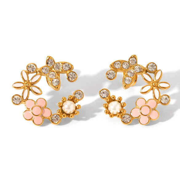 Earrings Stainless Steel Pearl Flower Geometric Butterfly Inlaid Zircon