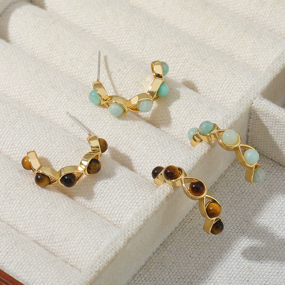 Earrings Tiger's Eye Stone Copper 925 Silver Handmade Retro Maillard Geometric