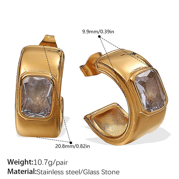 Earrings 316L Stainless Steel Cshaped Inlaid Green Zircon Plated With 18K Gold Fashionable