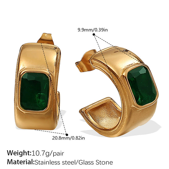 Earrings 316L Stainless Steel Cshaped Inlaid Green Zircon Plated With 18K Gold Fashionable