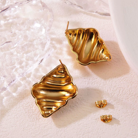 Earrings Titanium Steel Geometric Asymmetrical Hammered Pleated Croissant Ice Cream Shape Simulated Gold Electroplated With Diamond Pattern For Women