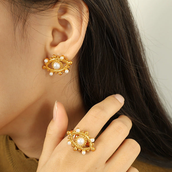 Earrings 316L Stainless Steel Pearl Flower Tassel Retro Light Luxury Palace Style Electroplating For Women