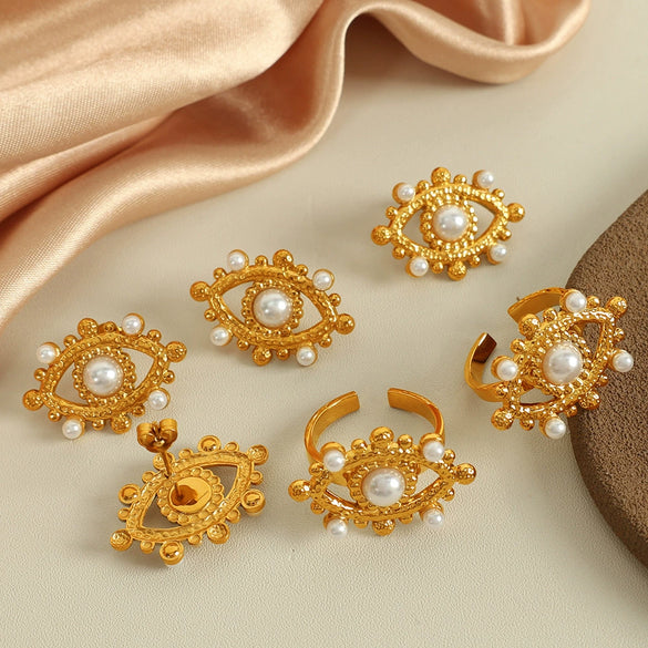 Earrings 316L Stainless Steel Pearl Flower Tassel Retro Light Luxury Palace Style Electroplating For Women