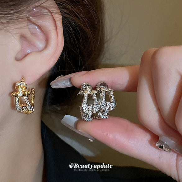 Earrings Zircon Horseshoe C Shaped Silver Needle Light Luxury With Letters Numbers Text Design For Women