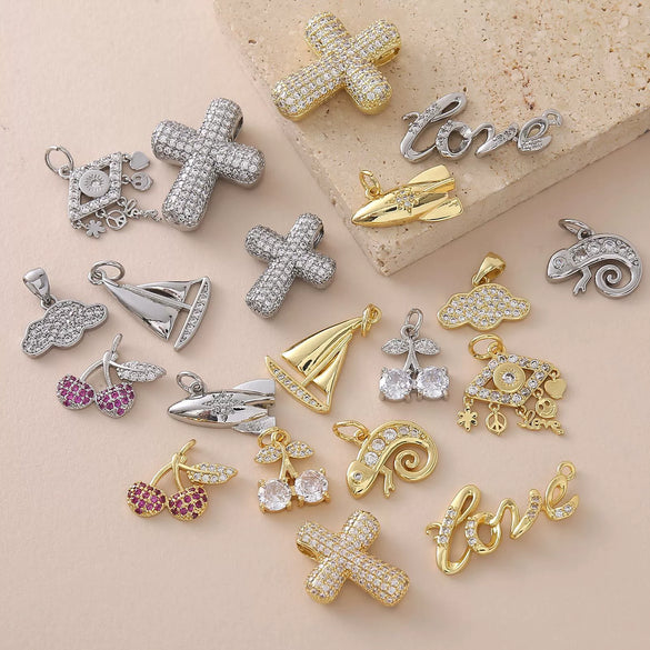 Eco Friendly Fashion Gold Plated Copper Diamond Encrusted Cross Sailboat Cloud Pendant Bracelet Necklace Accessories