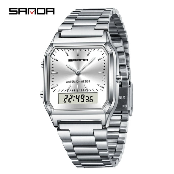 Electronic Watch Alloy Alloy Case Mineral Tempered Glass Mirror Steel Strip Band Square Dial Retro Business Style