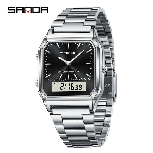 Electronic Watch Alloy Alloy Case Mineral Tempered Glass Mirror Steel Strip Band Square Dial Retro Business Style