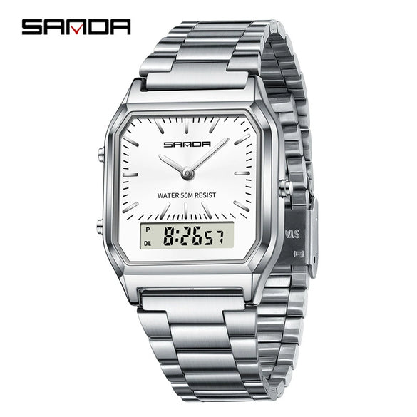 Electronic Watch Alloy Alloy Case Mineral Tempered Glass Mirror Steel Strip Band Square Dial Retro Business Style