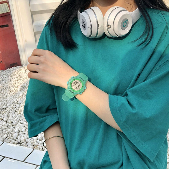 Electronic Watch Silicone Round For Female Middle School Students Korean Simple Trendy Sports Candy Color Luminous Multifunctional