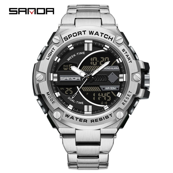 Electronic Watch Steel Band Multifunctional Round Dial Simple Style Waterproof For Men