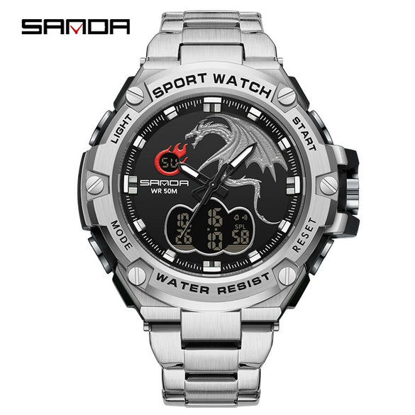 Electronic Watch Steel Band Multifunctional Round Dial Simple Style Waterproof For Men