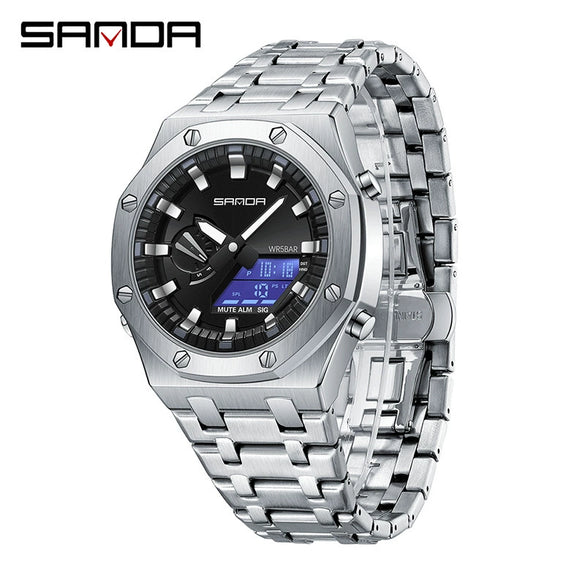 Electronic Watch Zinc Alloy Case Steel Band Round Dial Fashionable Multifunctional Men's Watch