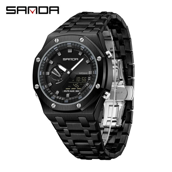 Electronic Watch Zinc Alloy Case Steel Band Round Dial Fashionable Multifunctional Men's Watch