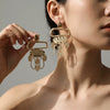 Electroplated Alloy Geometric Square Frame Earrings With Hammered Pendants And Tassel Details Stainless Steel Posts Unisex Statement Accessories