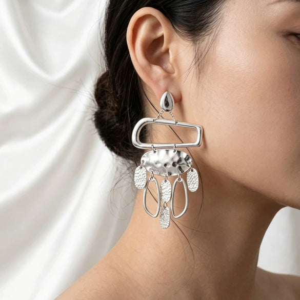 Electroplated Alloy Geometric Square Frame Earrings With Hammered Pendants And Tassel Details Stainless Steel Posts Unisex Statement Accessories