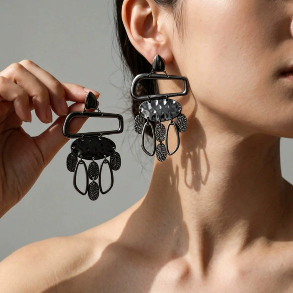Electroplated Alloy Geometric Square Frame Earrings With Hammered Pendants And Tassel Details Stainless Steel Posts Unisex Statement Accessories