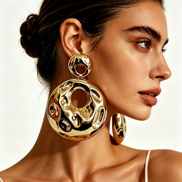 Electroplated Alloy Hollow Round Pendant Earrings With Irregular Wave Pattern And Geometric Statement Design