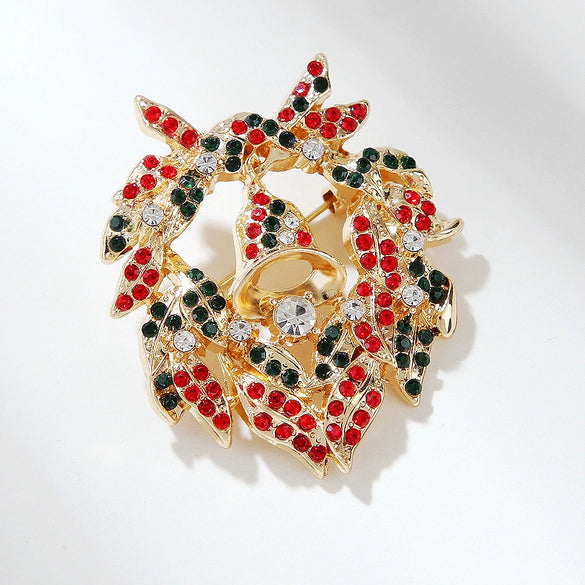 Electroplated Alloy Rhinestone Heart Bell Christmas Brooch Pin With Floral Design For Unisex Wholesale