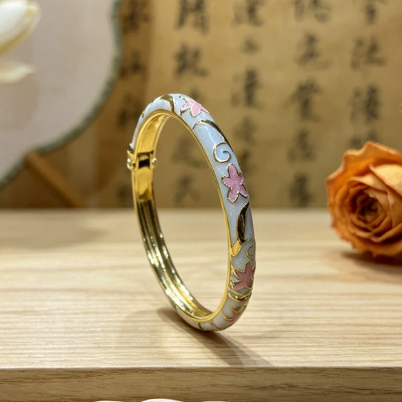 Electroplated Cloisonné Enamel Floral Open Cuff Bracelet For Women Thin Decorative Jewelry Accessory