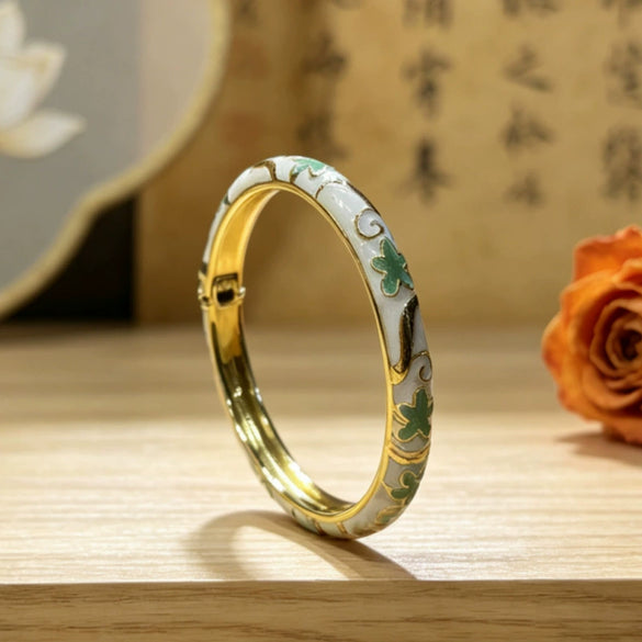 Electroplated Cloisonné Enamel Floral Open Cuff Bracelet For Women Thin Decorative Jewelry Accessory