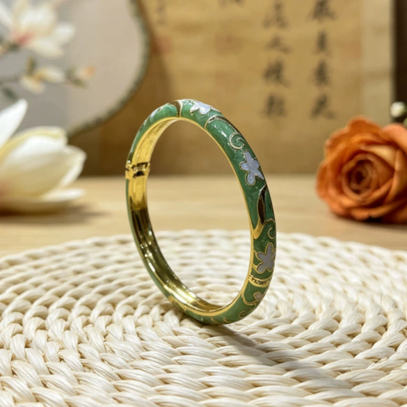 Electroplated Cloisonné Enamel Floral Open Cuff Bracelet For Women Thin Decorative Jewelry Accessory