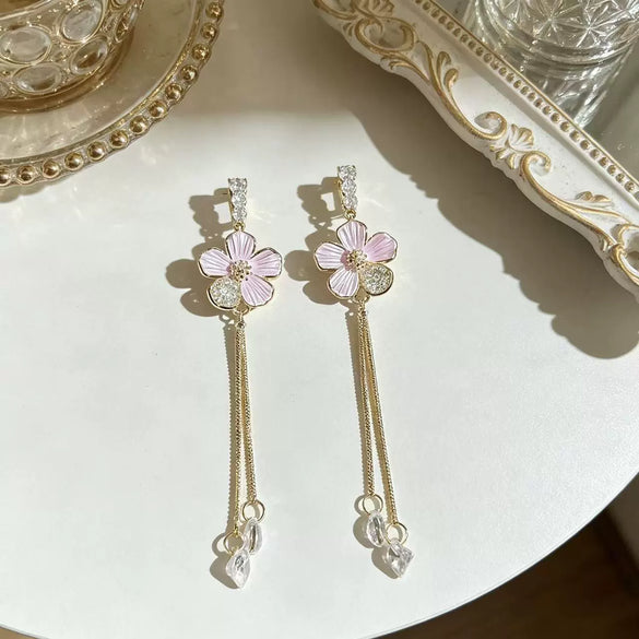 Electroplated Copper Flower Long Tassel Earrings For Women High End Sweet Floral Jewelry