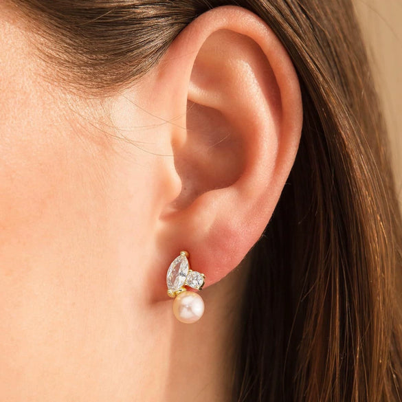 Electroplated Copper Geometric Imitation Pearl Earrings For Women With Retro Bridal Style