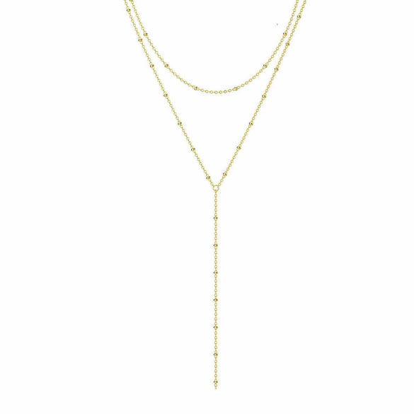 Electroplated Copper Y Shaped Layered Necklace With Round Bead And Geometric Pendant For Women