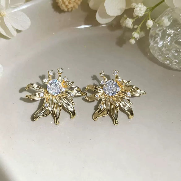 Electroplated Copper Zircon Flower Earrings For Women High End Vintage Style Floral Jewelry Wholesale
