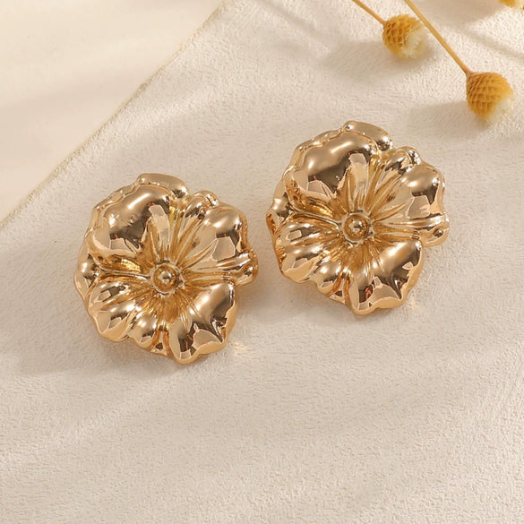 Electroplated Gold Floral Alloy Earrings With Threedimensional Petal Design And Stainless Steel Ear Posts