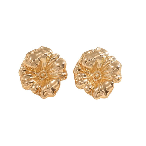 Electroplated Gold Floral Alloy Earrings With Threedimensional Petal Design And Stainless Steel Ear Posts