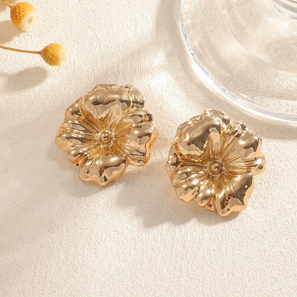 Electroplated Gold Floral Alloy Earrings With Threedimensional Petal Design And Stainless Steel Ear Posts