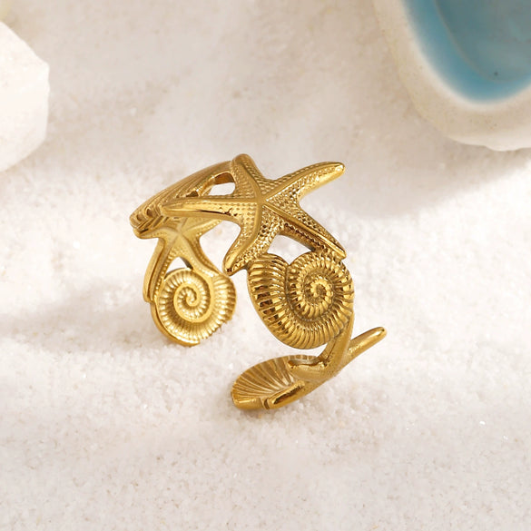 Electroplated Stainless Steel Shell Open Ring For Women Minimalist Ocean Inspired Vacation Style Jewelry