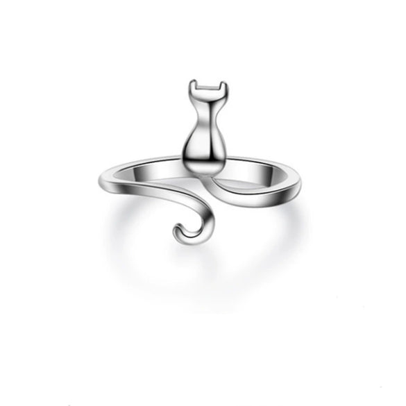 Electroplated Sterling Silver Cat Moon And Star Open Ring Adjustable Animal Zodiac Jewelry For Women