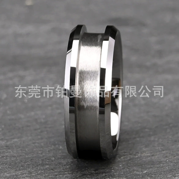 Electroplated Tungsten Steel Ring With Smooth Surface Flat Chamfered Edge And Grooved Geometric Minimalist Design For Unisex Wear
