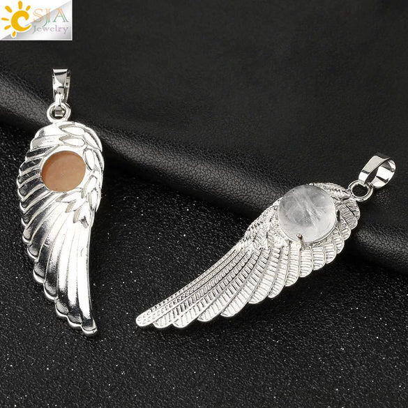 Electroplated Zinc Alloy Angel Wing Pendant Necklace With Inlaid Natural Stone Crystal Feather Design Ball Chain Minimalist Unisex Jewelry