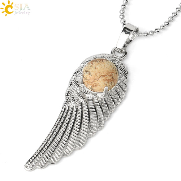 Electroplated Zinc Alloy Angel Wing Pendant Necklace With Inlaid Natural Stone Crystal Feather Design Ball Chain Minimalist Unisex Jewelry