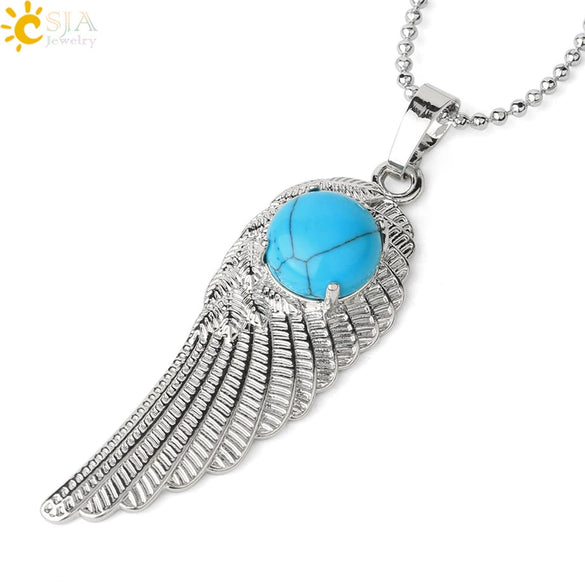 Electroplated Zinc Alloy Angel Wing Pendant Necklace With Inlaid Natural Stone Crystal Feather Design Ball Chain Minimalist Unisex Jewelry