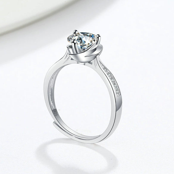 Elegant Adjustable Sterling Silver Geometric Heart Ring For Women Electroplated Full Diamond Style Fashion Jewelry
