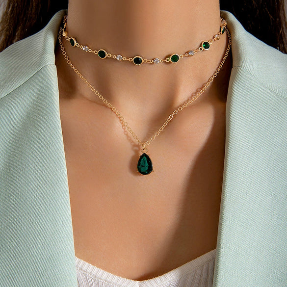 Elegant All Match Multi Layer Bow Love Flower Imitation Emerald Gem Necklace For Women Alloy Material Geometric Pattern Electroplating Process